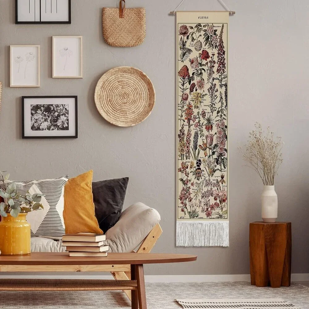 Vintage 52 X 13 Inch Long Vertical Wall Hanging Reference Botanical Tapestry